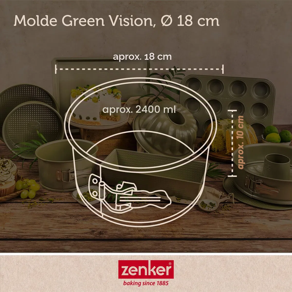 Zenker 7458 Molde de panettone con bisagras, molde verde sostenible antiadherente, ILAG, cera de carnauba, 18 cm