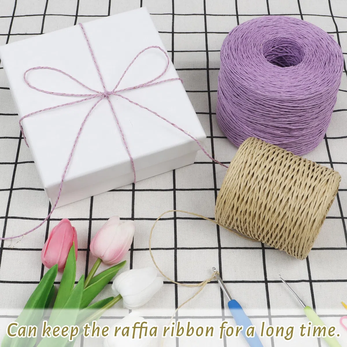 Uiopa Rafia para Tejer Crochet, 250g/380m Hilo de Rafia Natural, Hilo Crochet de Papel para Bolsos, Sombreros, Cestas, Decoración, Manualidades