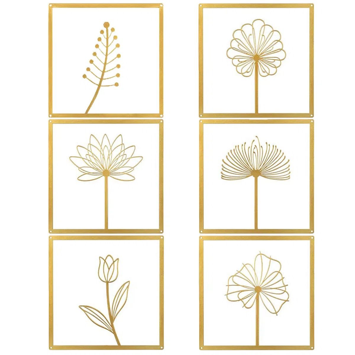 YunBey 6 piezas de decoración mural de metal dorado con diseños florales – Arte mural minimalista para salón, decoración moderna para dormitorio, colgantes murales de estilo nórdico