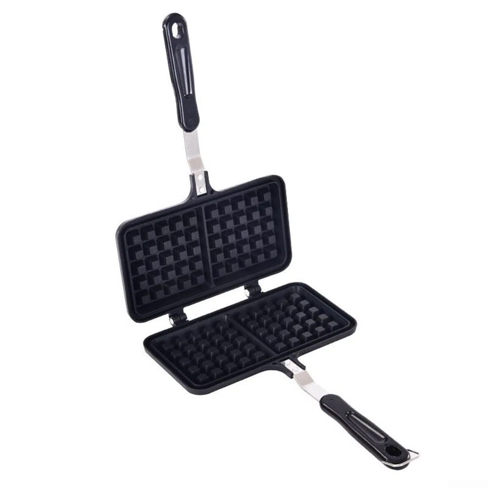 Sartén antiadherente belga para estufa de gas, parrilla giratoria de metal para desayuno, cocina de doble cara con mango resistente al calor (gofre de dos cabezas)