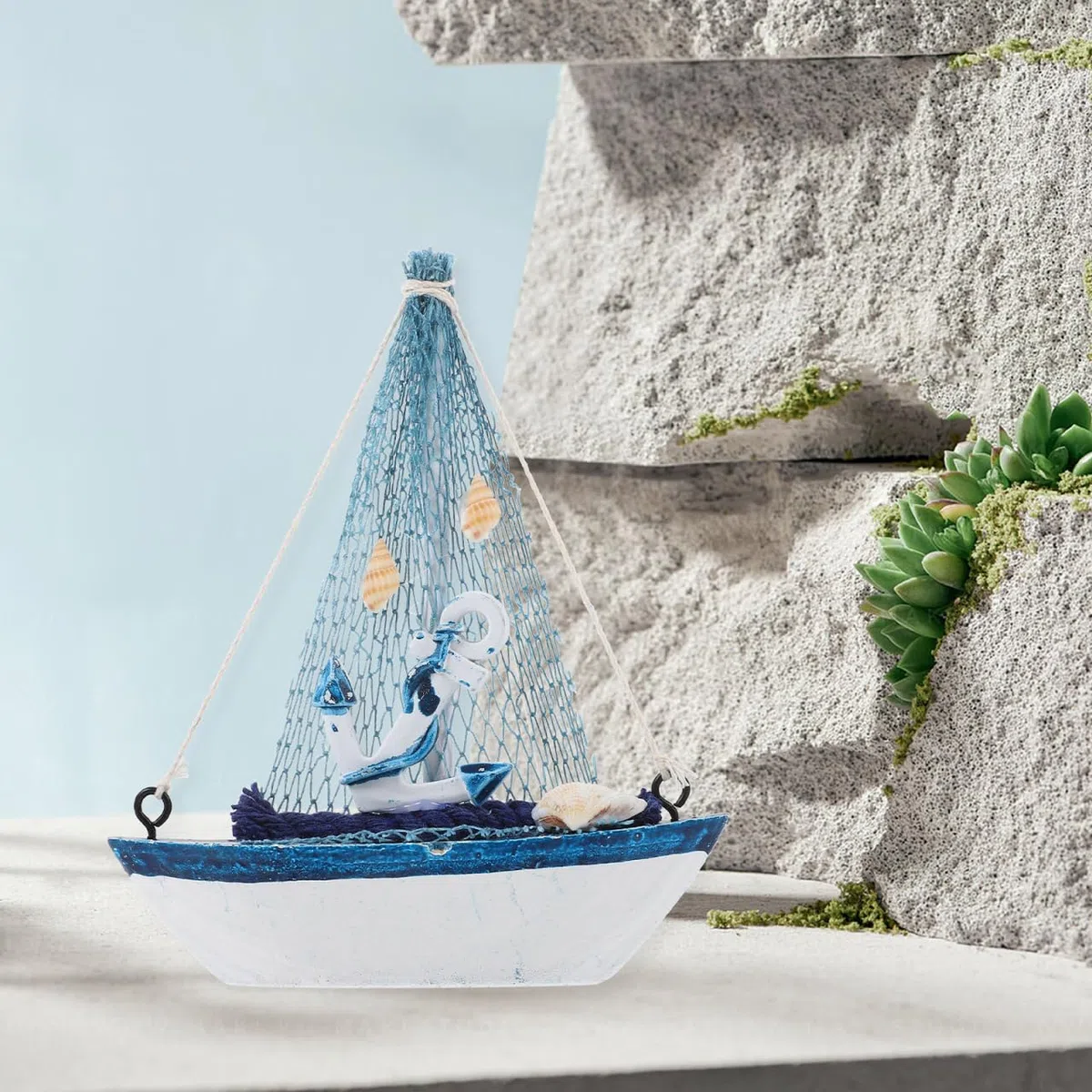 Modelo de Barco de Madera con Red de Pesca, Ancla, Concha náutica, decoración marítima para el hogar, decoración de Mesa