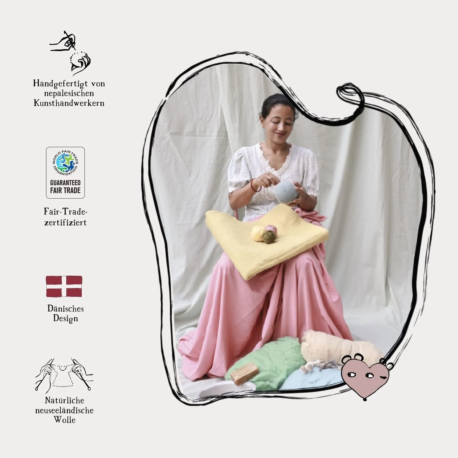 Gry & Sif Hecho a mano y certificado de comercio justo, elegante diseño danés x Nepali artesano | pequeño conejo blanco – niña con falda y campanilla de nieve | decoración de Pascua