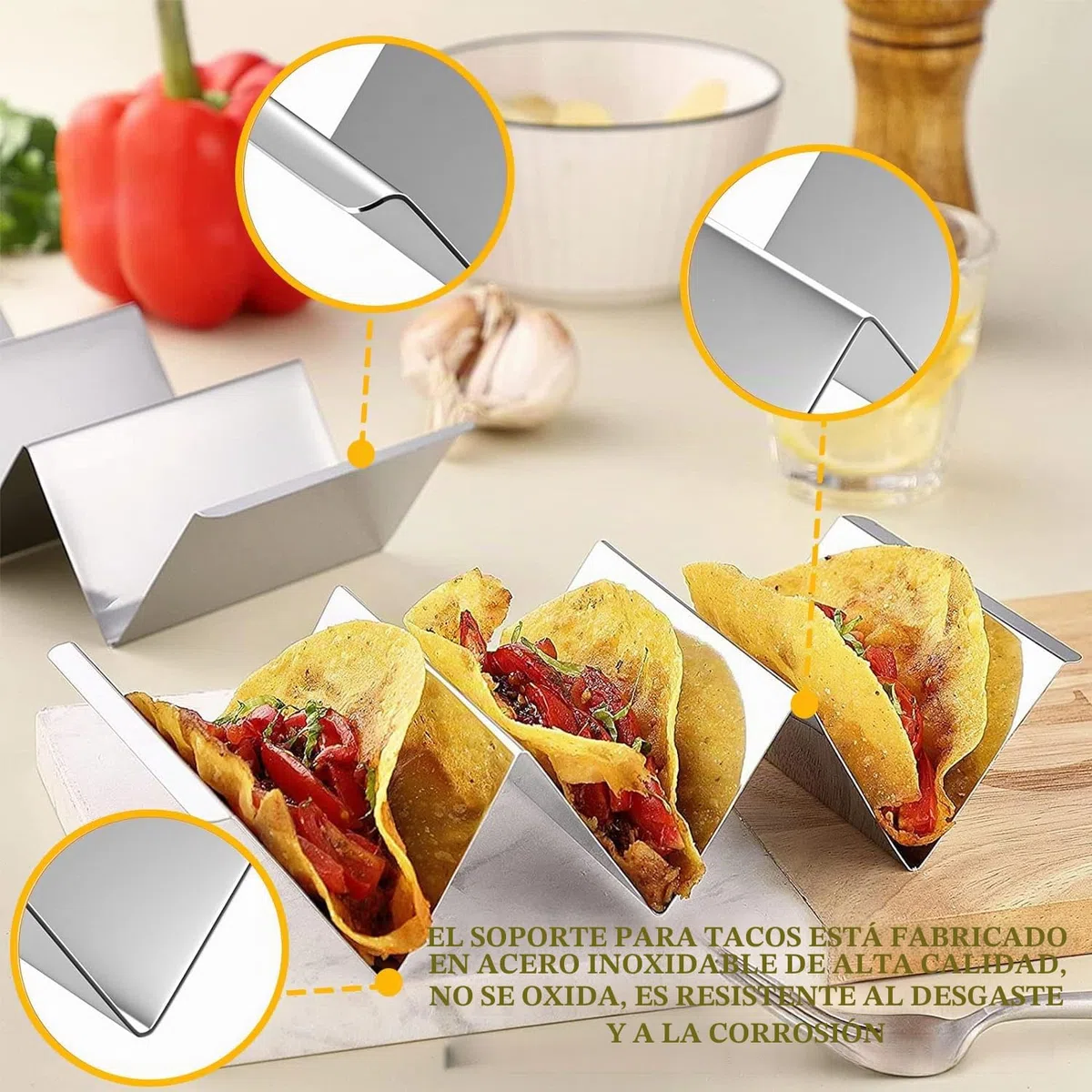 Soporte para Tacos, 4 Soportes para Tacos de Acero Inoxidable con Asas Incorporadas, Bandeja para Taco Burritos Tapas, Sujetar Tacos, Bocadillos, Perritos Calientes y Tortitas Seguro Horno y Parrilla