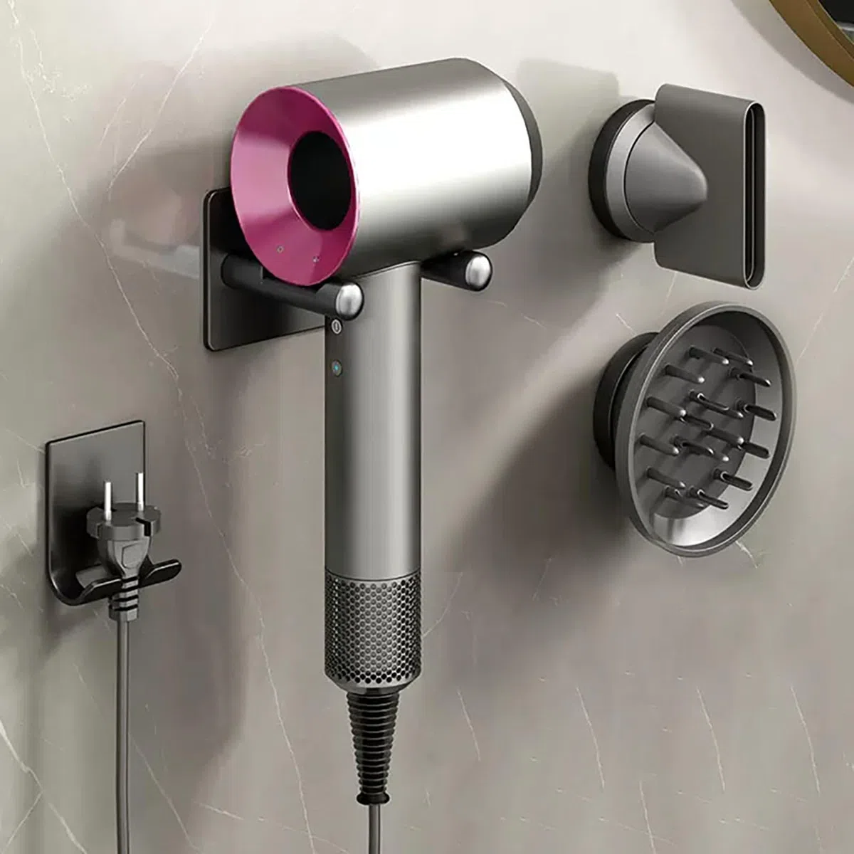 Soporte Secador Compatible con Dyson, Accesorios Secador Compatible con Dyson Supersonic con función de Almacenamiento de Cable y Capacidad para 2 boquillas. Fabricado en Aluminio