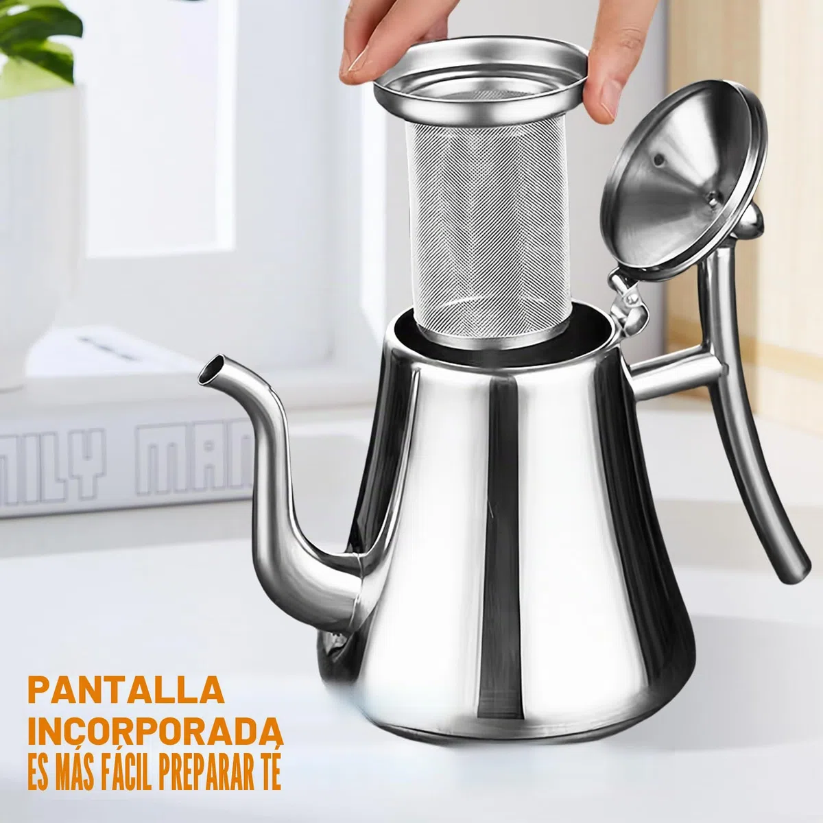 Tetera con colador, tetera de acero inoxidable con colador, jarra de doble pared con tapa, tetera de té, tetera para cocina de inducción, estufa de cerámica eléctrica de gas, 1 L