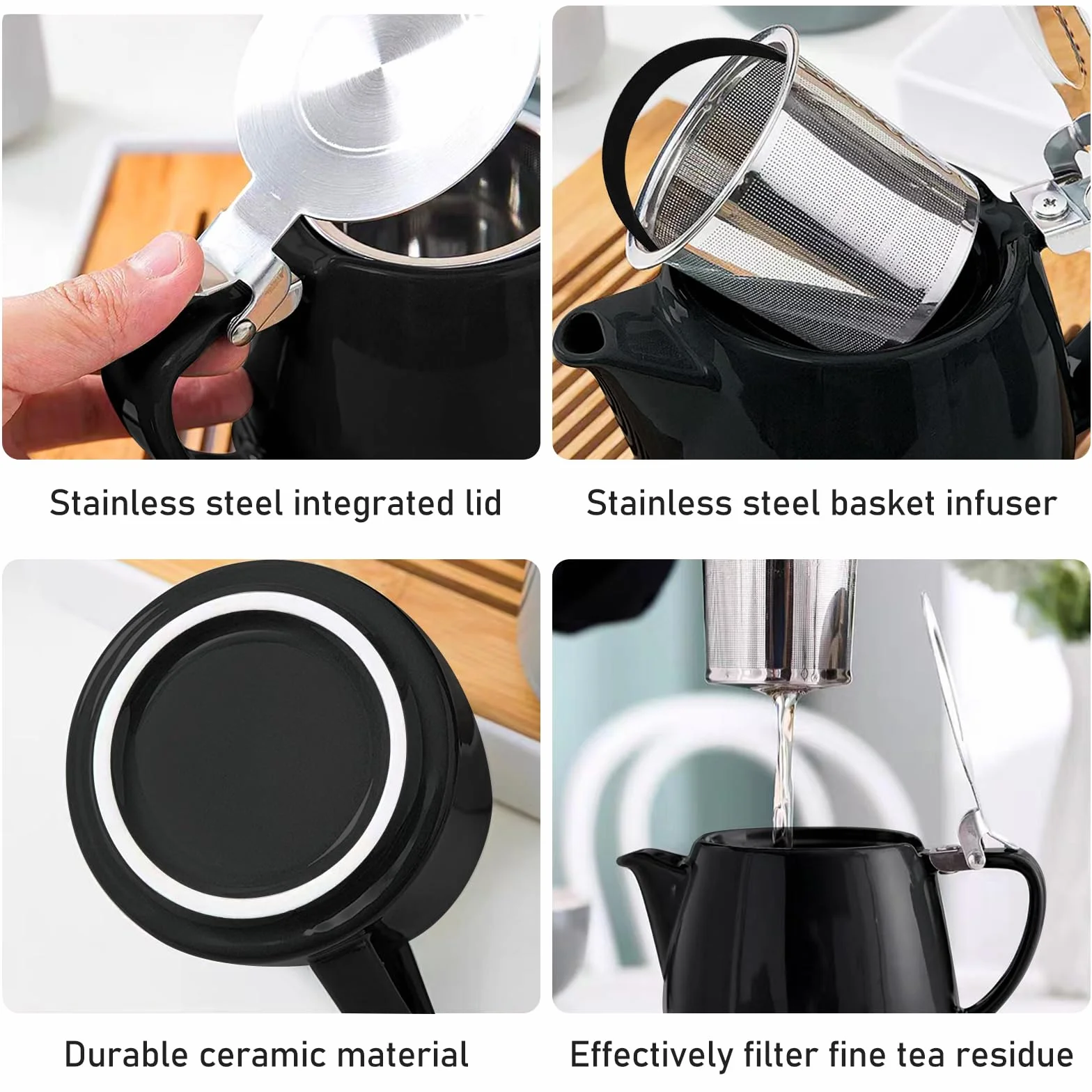 Tetera de porcelana de 500 ml, tetera de doble pared con tapa, asa y colador de té de acero inoxidable, cafetera de porcelana sin goteo, tetera de cerámica para café, té, semibrillante, color negro