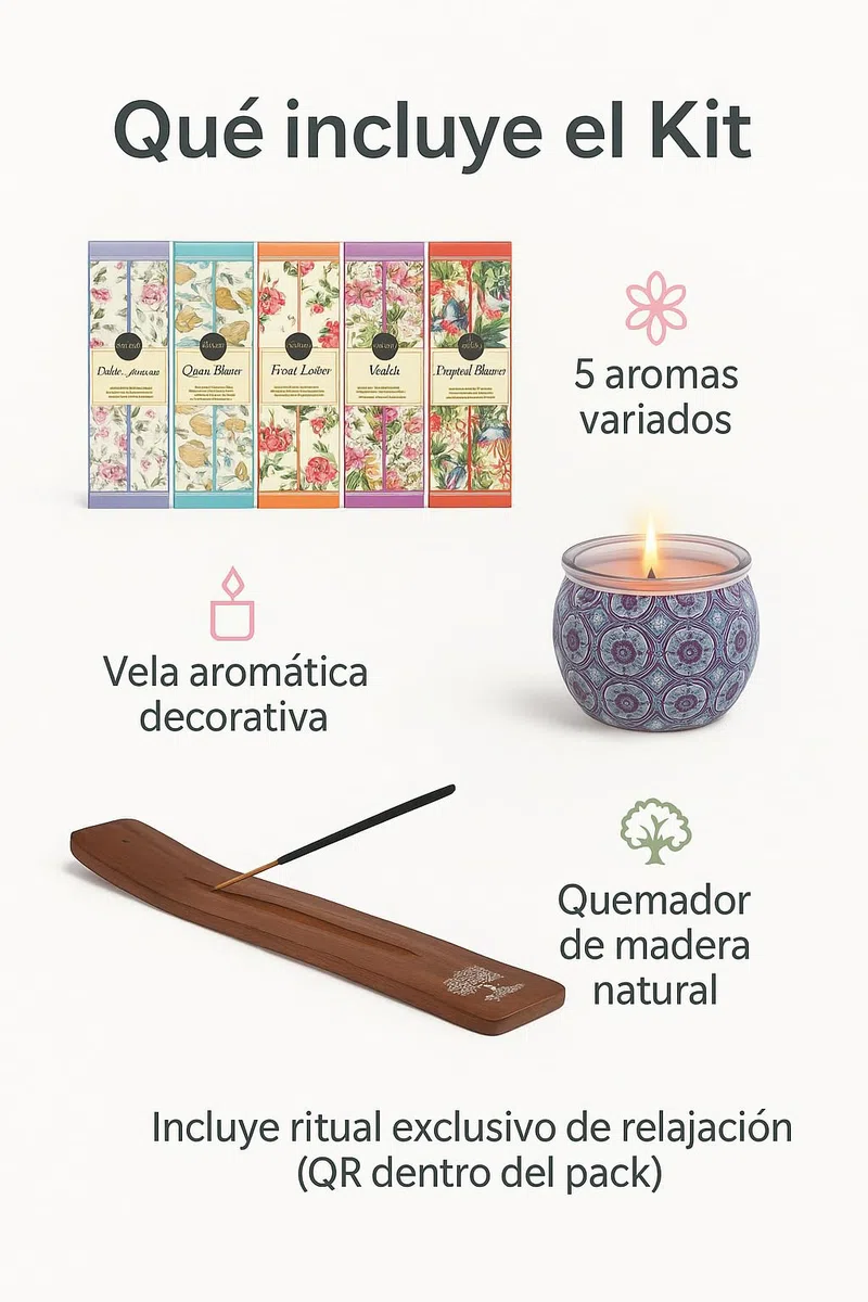 Set de Incienso Natural 100 Varillas (5 Aromas Diferentes) + Vela perfumada + Quemador de Incienso de Madera – Kit Regalo aromaterapia Fabricado en India para meditación y relajación en casa