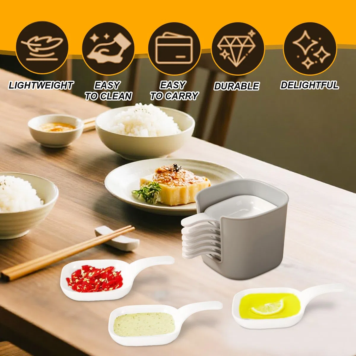 6uds Plato Salsa, Plato con Salsera Portátiles con Asa y Estante de Almacenamiento para Comedor Bar Fiesta Ketchup Condimentos de Soja Bocadillos Frutas Tenencia
