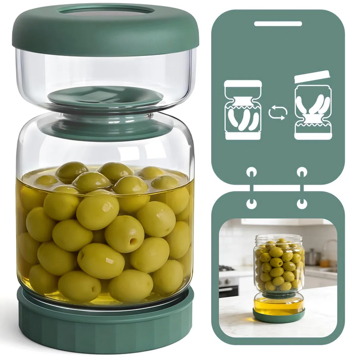 Luvan Bote Aceitunas con Escurridor, Tarro Aceitunas Separador Liquidode de 1000 ml,Tarro Hourglass con Tapa a Prueba de Fugas, para Pepinos, Jalapeños y Cebollas