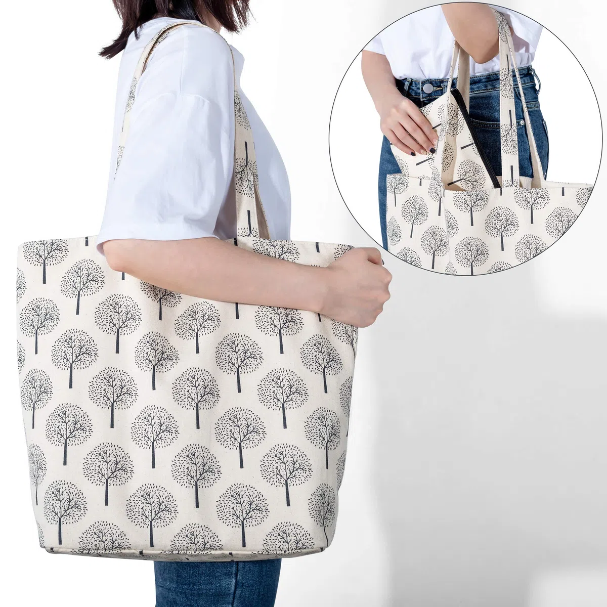 YARWO Bolsa de Tejer, Organizador de Ovillos, Bolsa de Labores con Mango y Bolsillo Separado para Caber Labores de Tejer y Accesorios, Árbol.