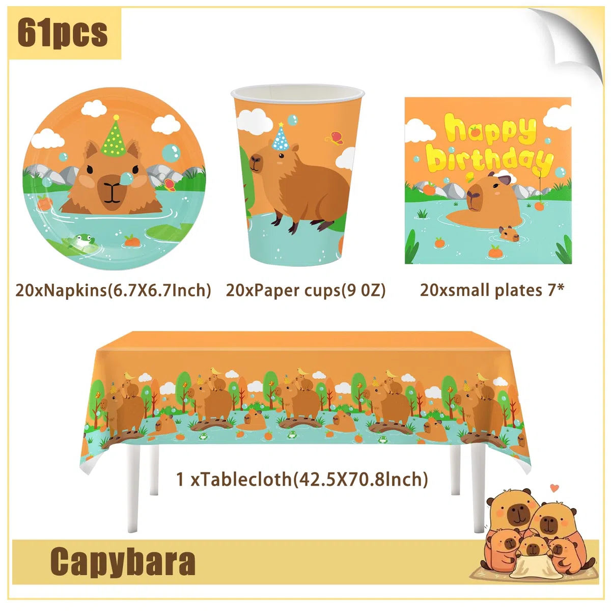 61 Piezas Capybara Party Tableware, fiesta temática Capybara, juego de vajilla incluye platos, tazas, servilletas, manteles, adecuado para baby shower, fiesta de cumpleaños (20 personas)