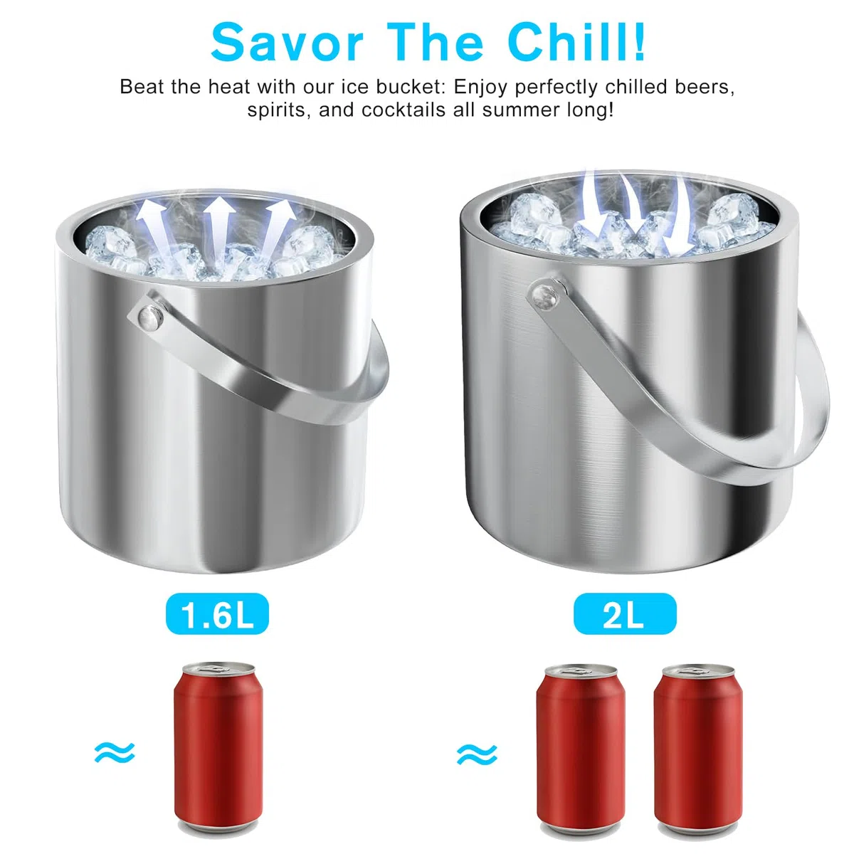 Cubitera de acero inoxidable, cubo hielo de 1,6 l con diseño de doble pared, recipiente para cubitos, pala de hielo y pinzas, enfriador portátil