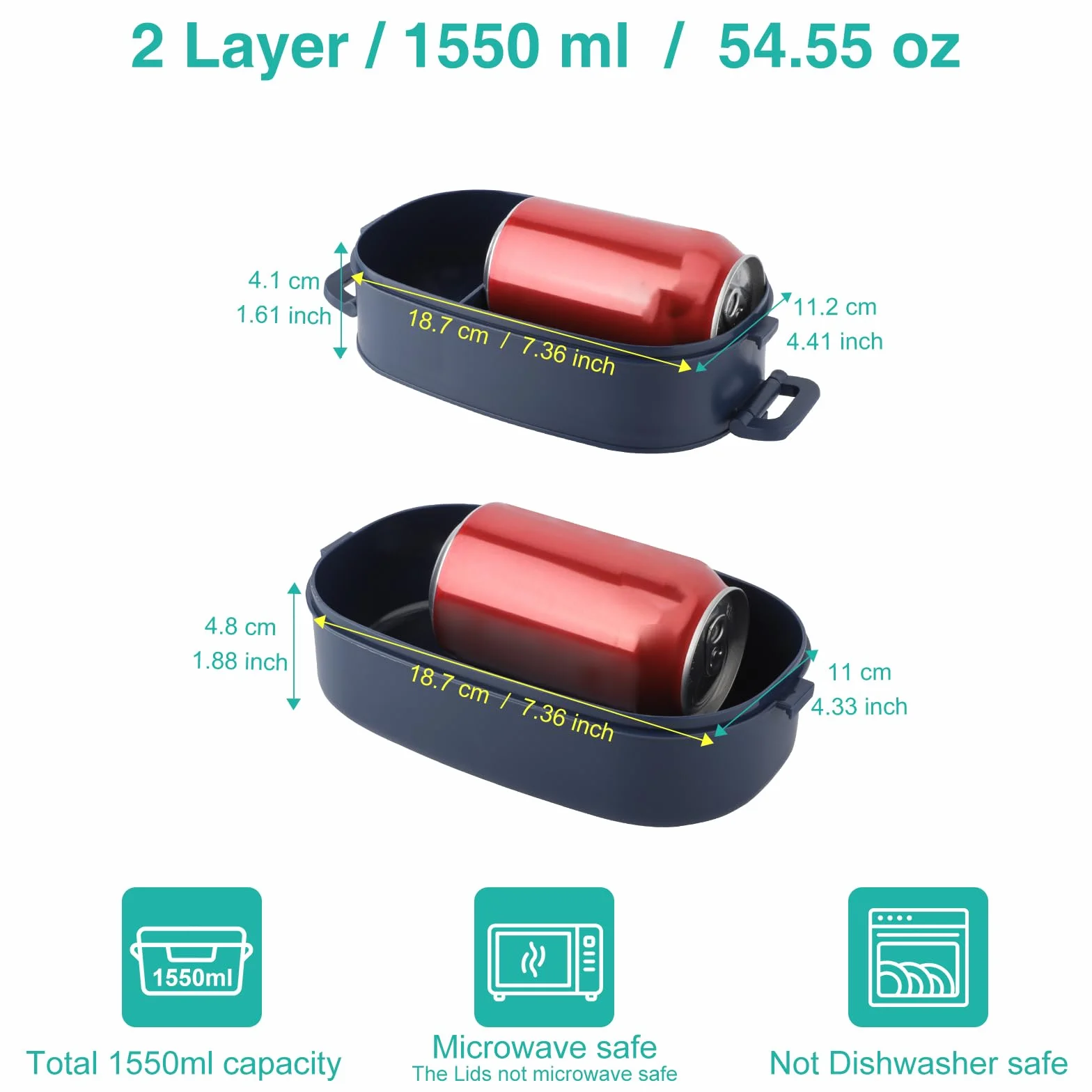 Fiambrera 2 Capa - 1550ml Lunch Box - Bento Box con 3 Compartimentos y Cubiertos - Loncheras para Adulto, Diseñado 2 Cierre de Clip, Sin BPA, Microondas, 19.2 x 11.5 x 12cm, Azul