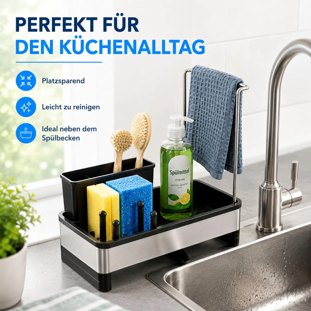 URMONA Organizador de Fregadero en Acero Inoxidable con Bandeja de Drenaje Automático, Porta Esponjas y Cepillos, Soporte para Utensilios de Limpieza (Gris)