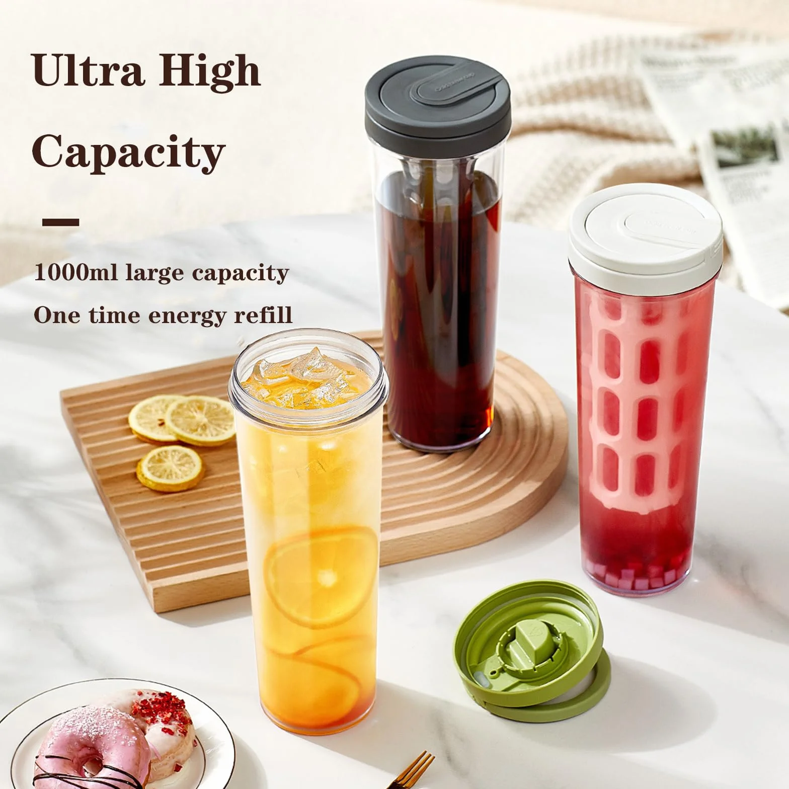 Cafetera fría y jarra de té helado, enfriador de bebidas de gran capacidad con filtro de malla, 1 L (35 onzas) (gris)