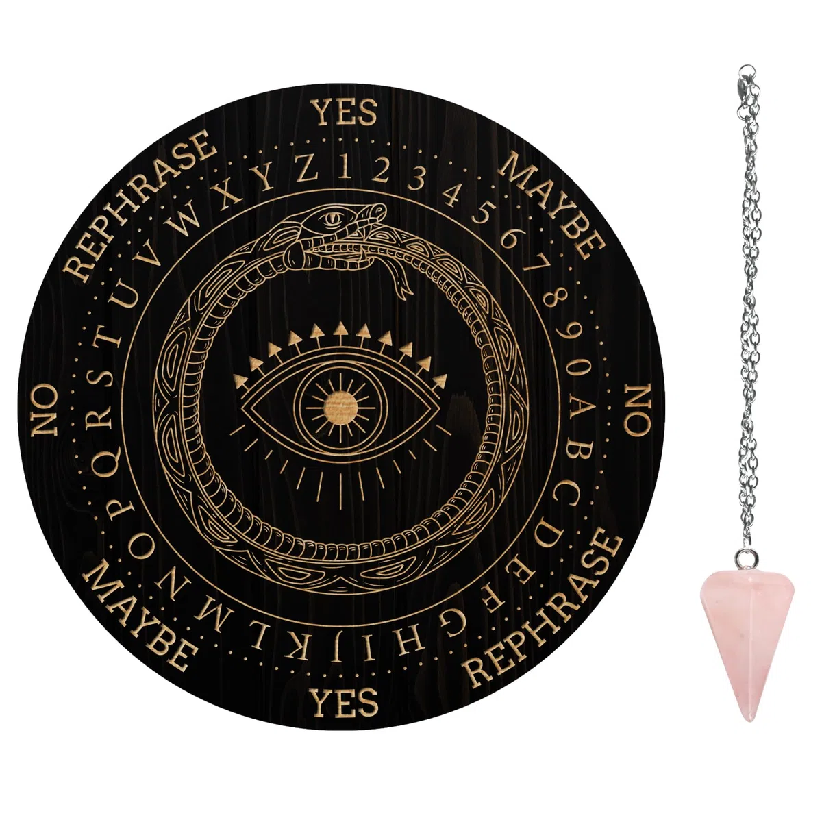 AHANDMAKER Juego de tablero de péndulo, tablero de madera para adivinación, tablero de mensajes metafísicos con collar de péndulo de cristal para brujería, kit de suministros de altar wiccano,