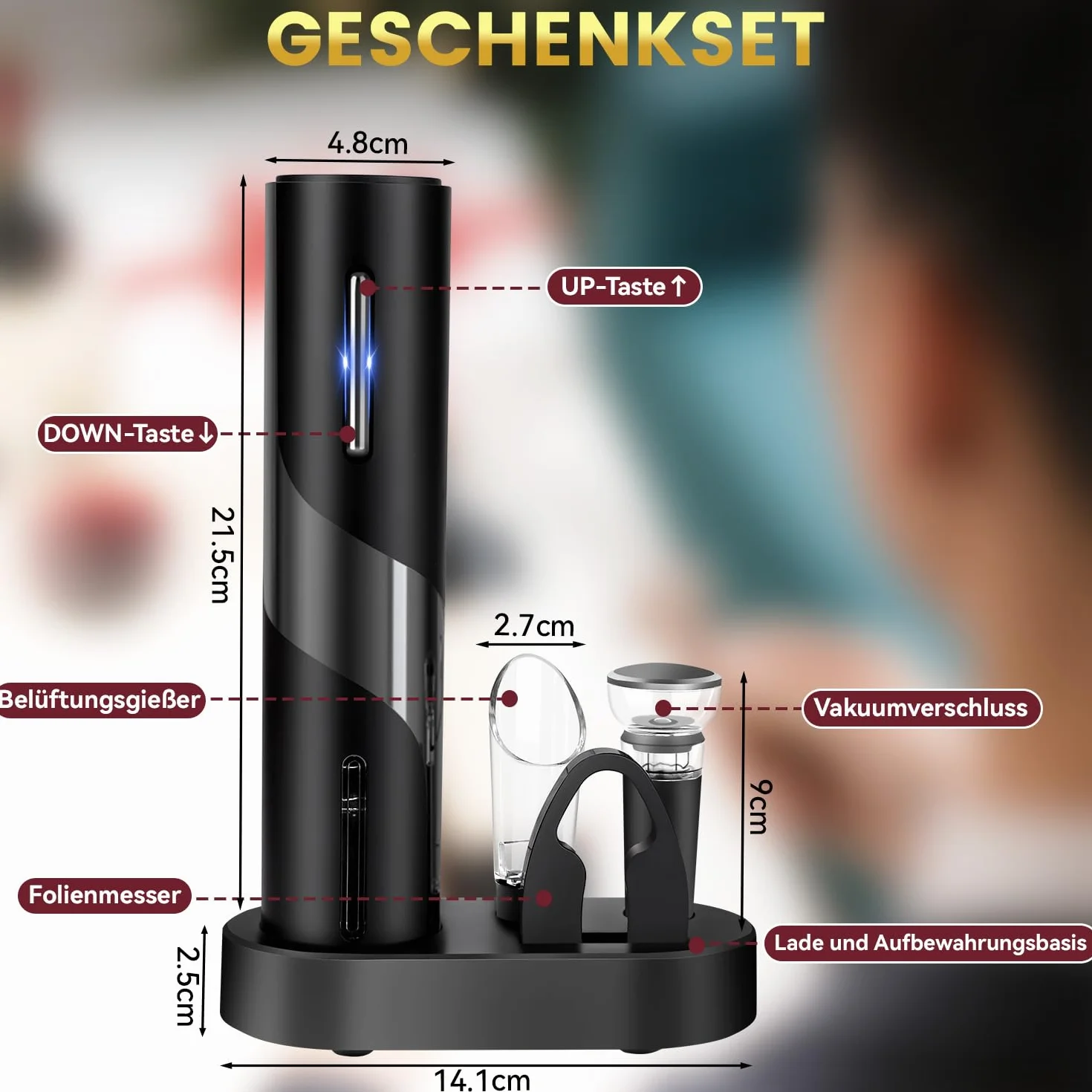 Hotec Sacacorchos eléctrico, abrebotellas automático, idea de regalo, cortador de cápsulas, cable USB, vertedor, tapón de vacío