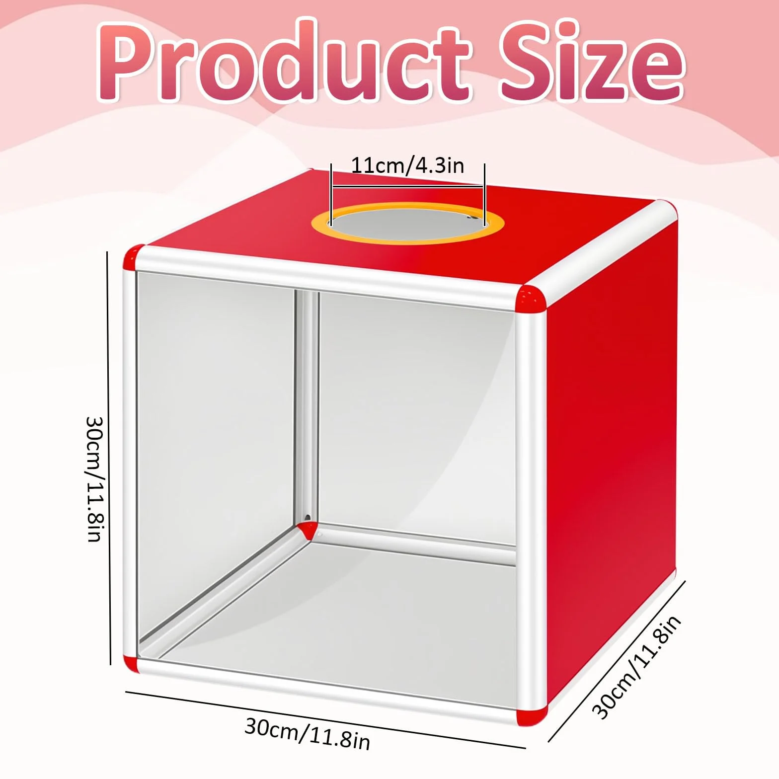 Caja de lotería transparente de 30 cm, color rojo, caja de la suerte con apertura de lotería de 10 cm, estable para sorteos, votación, donaciones, eventos, urnas, rifles