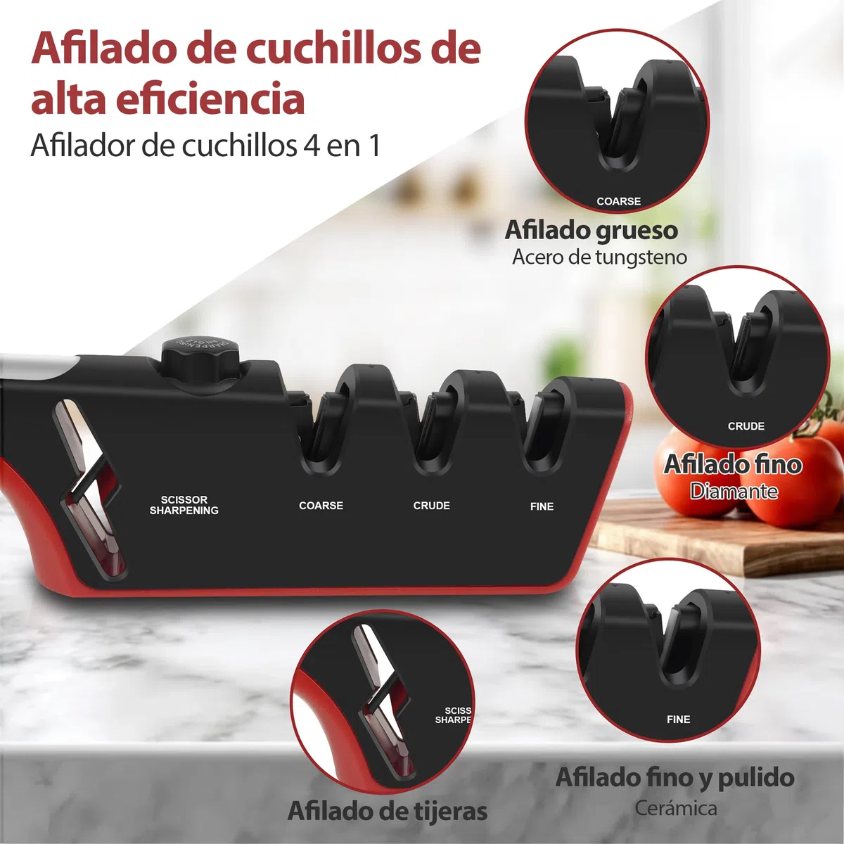 Afilador de Cuchillos 4 en 1, Afilador Arcos Cuchillos Chaira Afilar Cuchillos Multifuncional Manual Base Antideslizante Afilar Cuchillos y Tijeras Cocina y Exteriores
