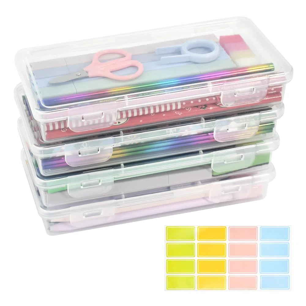 4 PCS Caja Organizadora Lapices, Estuche Rígido Plastico, Cajas de Plastico Apilables para Lápices, Estuche de Lapices de Plástico para Rotuladores Papelería Suministros Escolares, Oficina