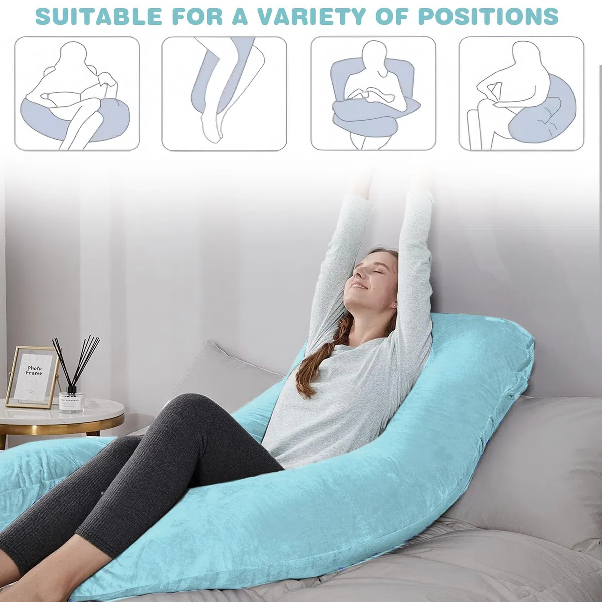 Funda para cojín de embarazo en forma de U: funda de almohada de algodón desmontable, funda de repuesto para cojín corporal para adultos, lavable a máquina, 140 x 80 cm (Azul claro + Gris)
