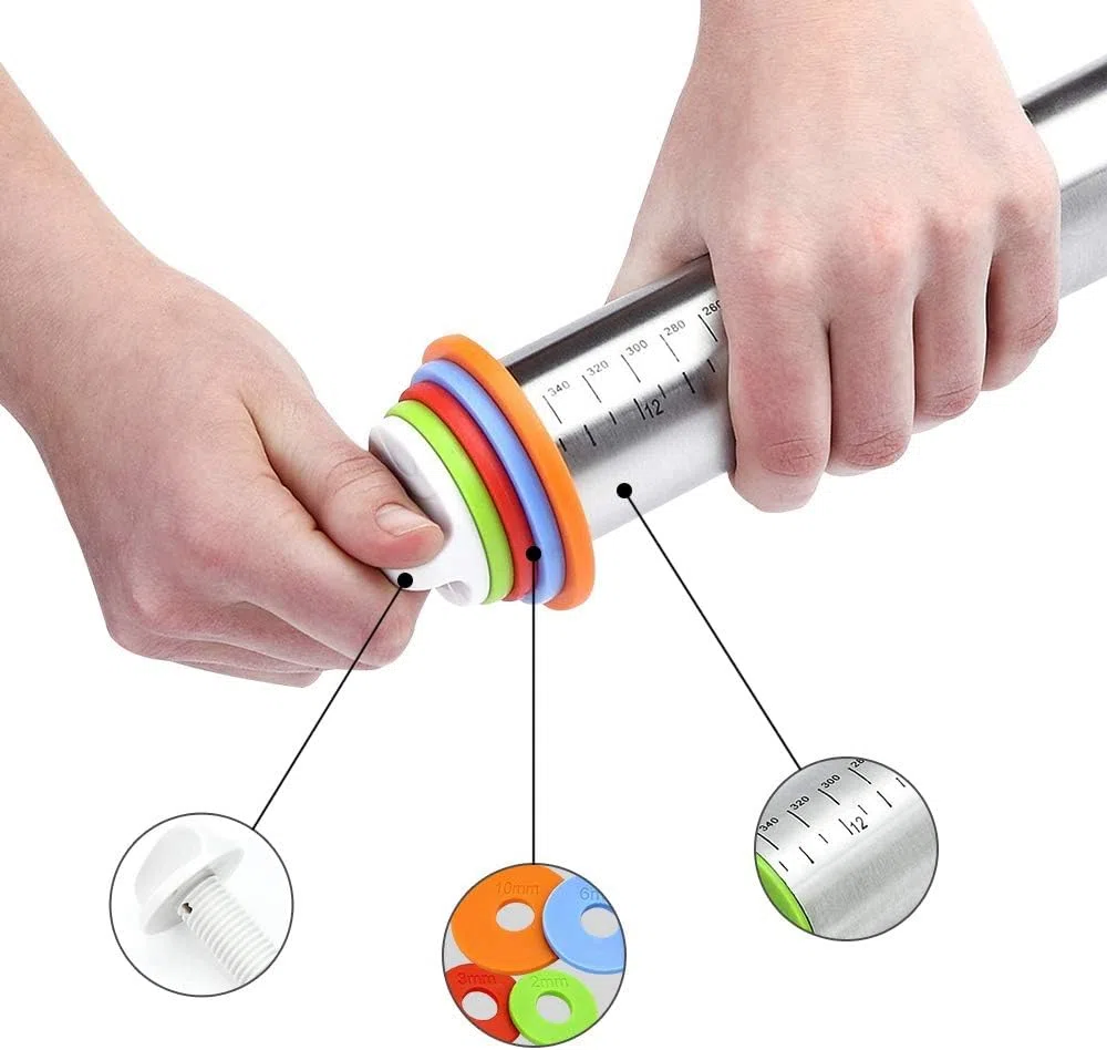 Rodillo - Rodillo Antiadherente de Acero Inoxidable de 17 '' con Anillos de Grosor Ajustable para Hornear Galletas Chapati Fondant Dough Pastry Pizza Pie Crust