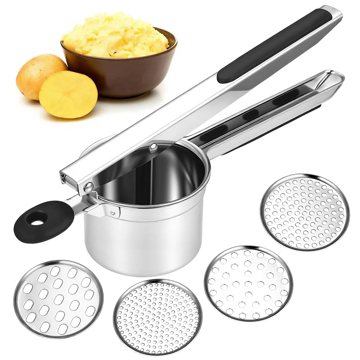 1 Pcs Machacador de Patatas, Pasapures Acero Inoxidable, Prensa Patatas, Prensador de papas de acero inoxidable para papas, frutas y puré de verduras, con 3 discos reemplazables