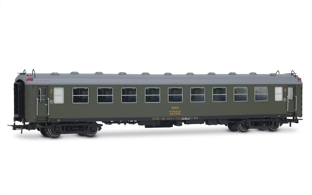 Electrotren HE4038 RENFE, Lote de 2 Coches de 5000 Unidades, BB4 2ª Clase, con Fuelles Antiguos, librea Verde Oliva, EP. IV