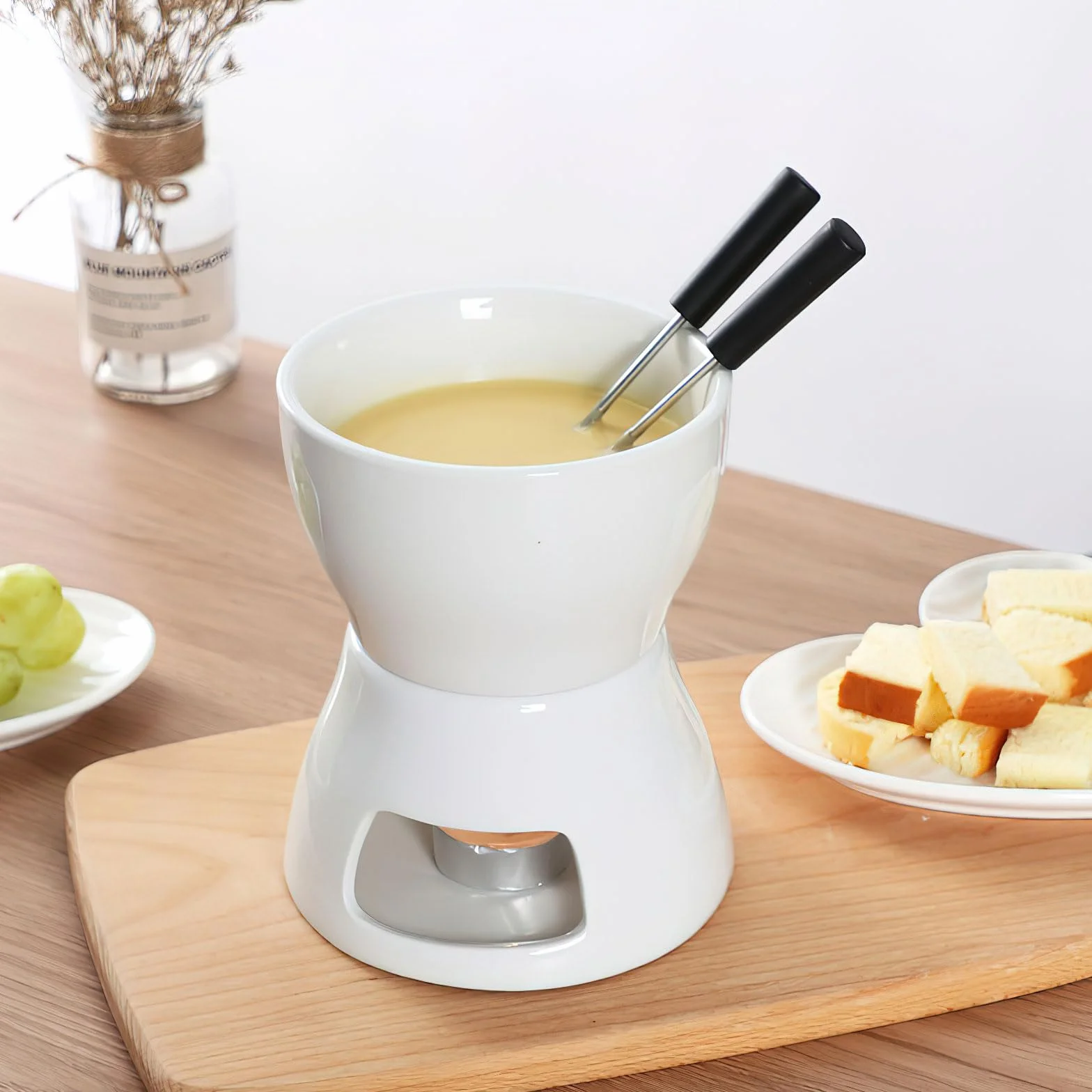 BRISKORE Juego de fondue de cerámica para fondue de chocolate, fondue de chocolate, cuenco de cerámica con portavelas y 4 tenedores, juego de fondue de chocolate para chocolate, queso, fondue, cenas