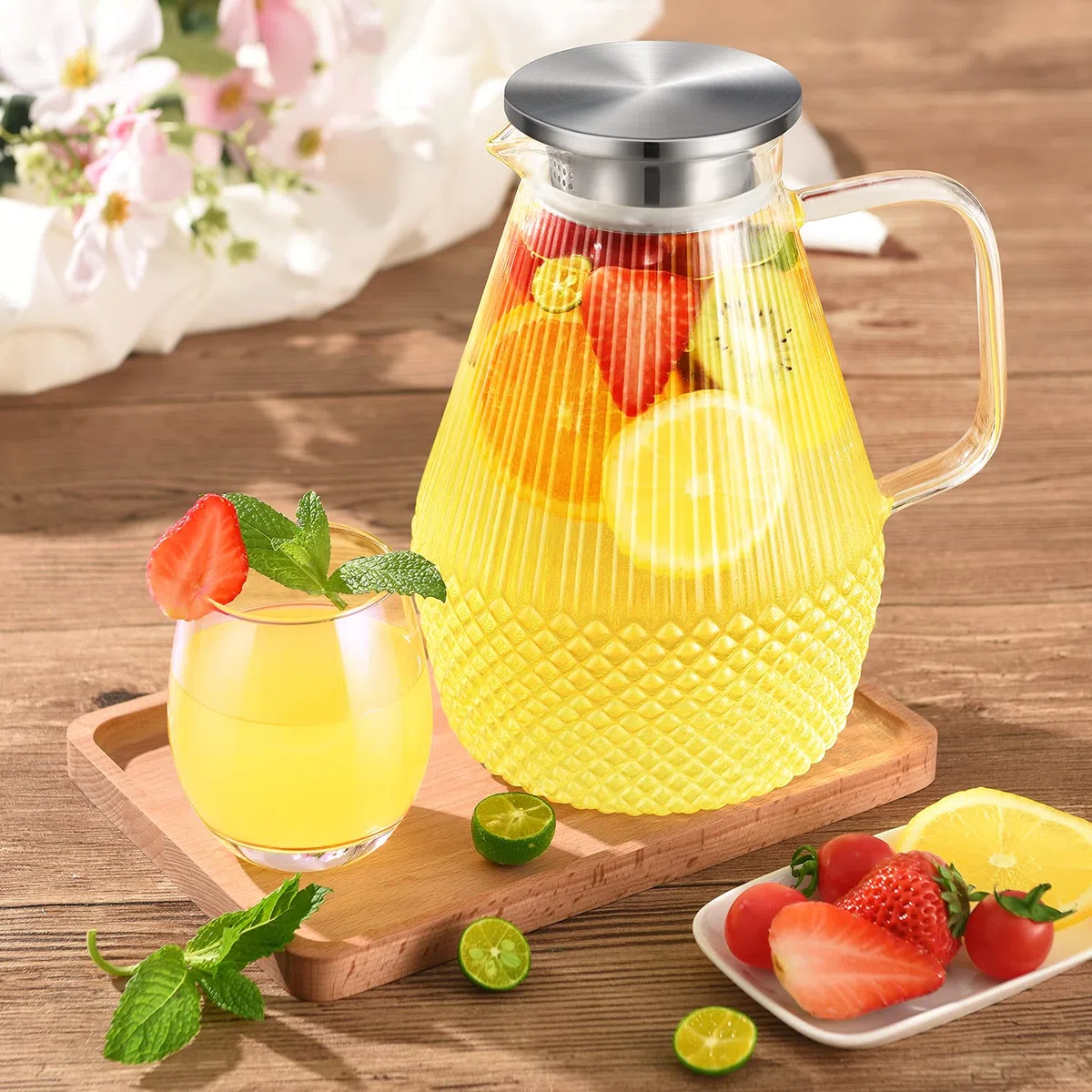 Jarra de Agua Cristal 2,4 Litros Con Tapa y Cepillo - Para Nevera, Té Helado, Leche, Jugo