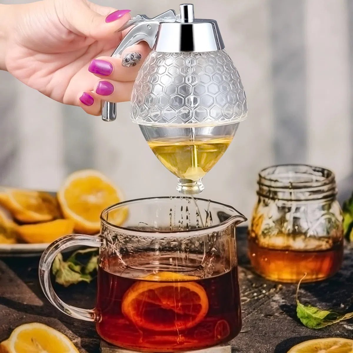 Dispensador Miel, Dispensador de Miel de Acrílico, Tarro De Dispensador De Miel , para Servir Miel y Almíbar, Sin Goteo, Flujo Moderado (200 ml)
