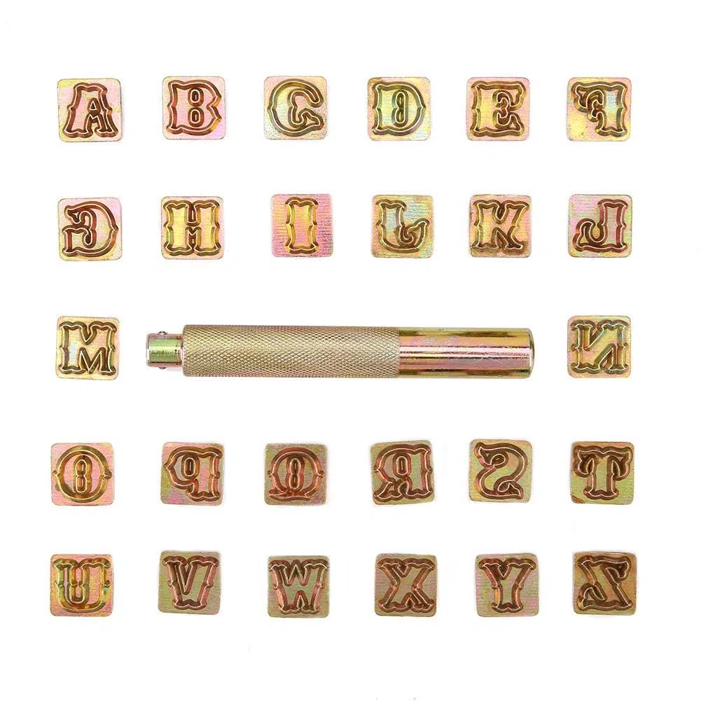 Agatige Letra de Sello de Metal, 13 mm Diseño Vintage Metal 26 Letras Juego de Punzones de Troquelado para Imprimir Metal, plástico, Madera, Cuero