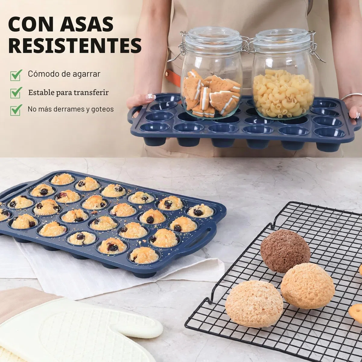 SUPER KITCHEN Pack 2 Moldes Magdalenas 24 Huecos, Silicona con Asas, Estructura Metálica Estable, Fácil Limpieza, Libre de BPA, Cupcake, Brownie, Gris