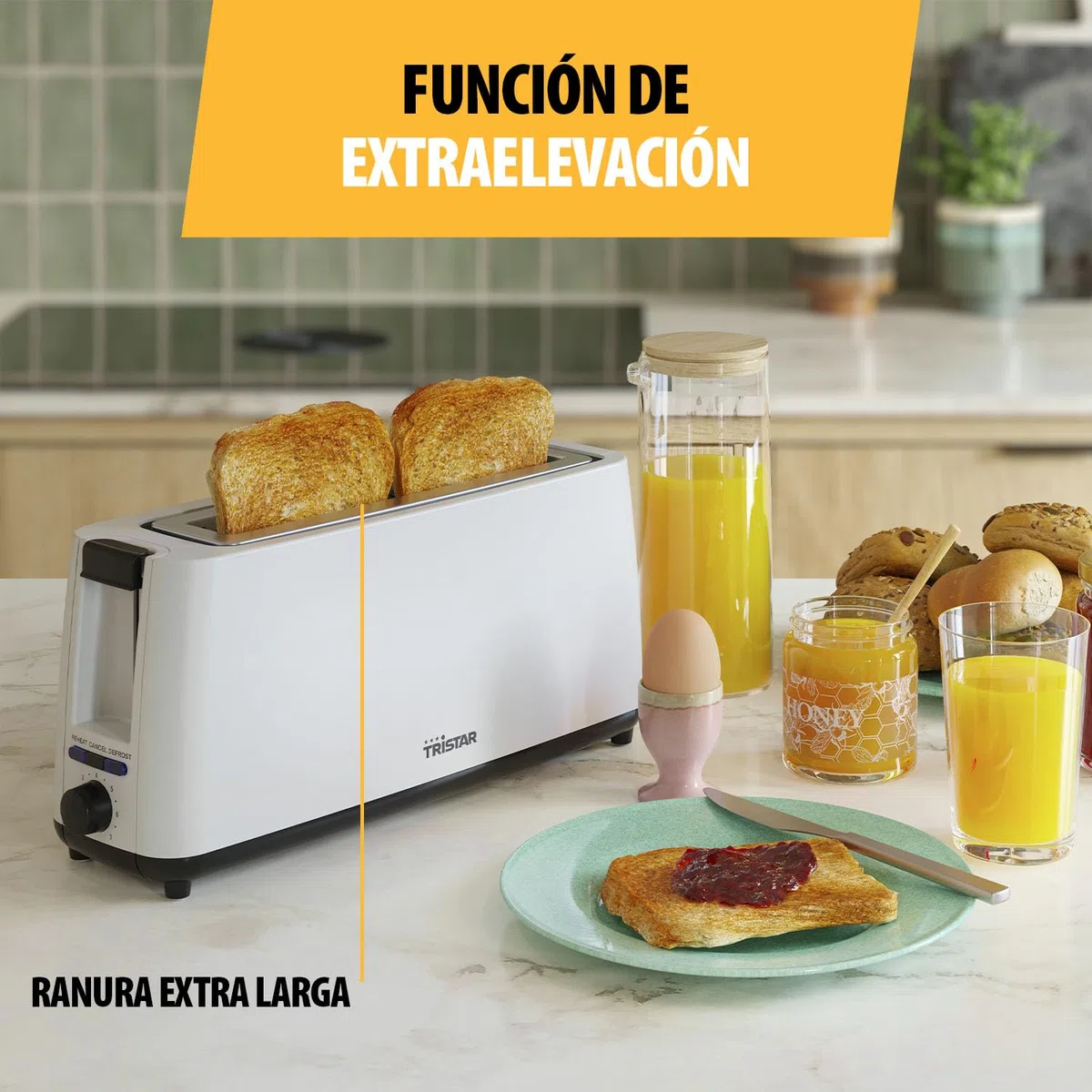 Tristar Tostadora de una ranura larga, 7 niveles de tostado, función recalentar, función descongelar, función elevar, función centrar, función cancelar, blanco, BR-1056