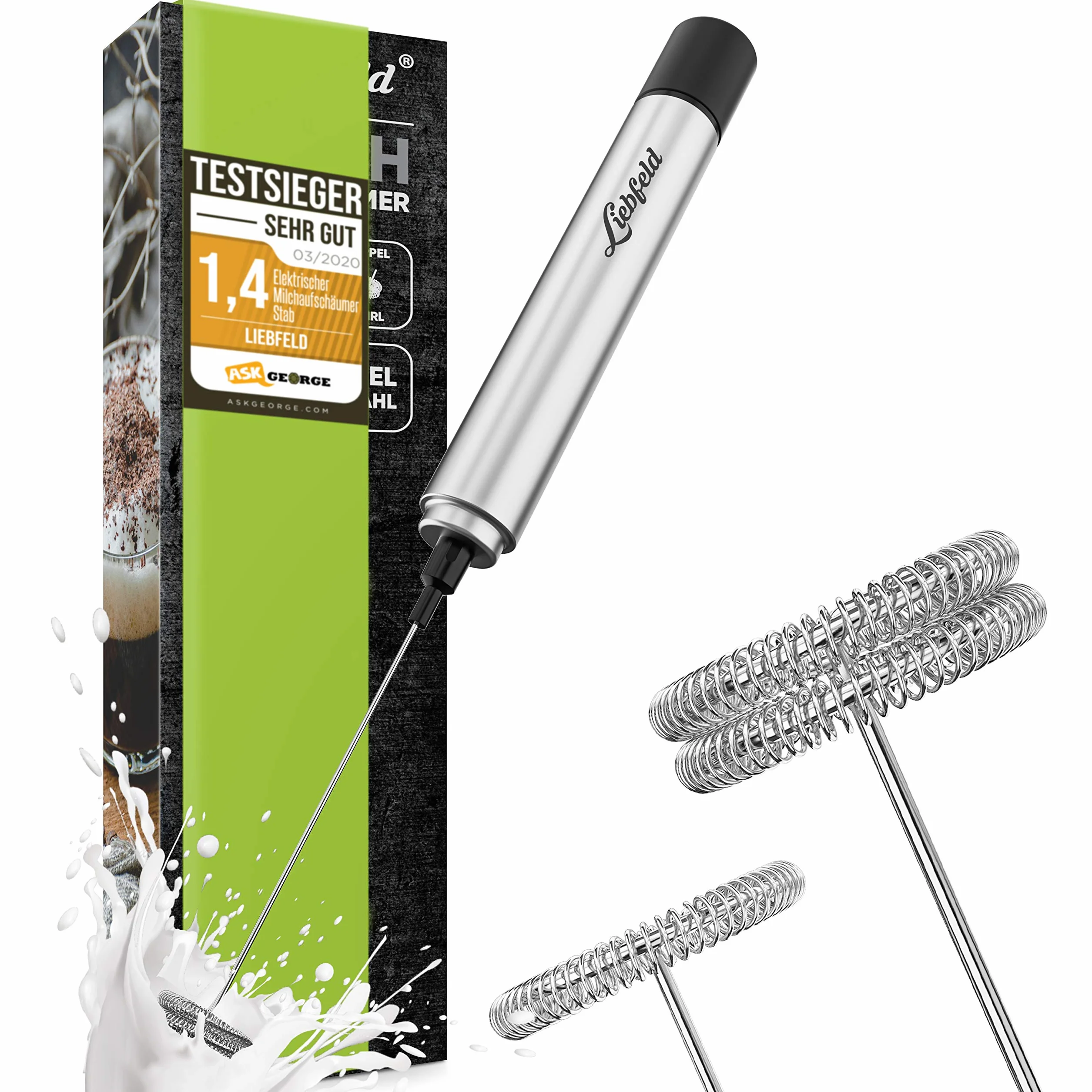 Liebfeld Espumador de leche eléctrico – Varilla espumador de leche con escoba espiral individual y doble – Acero inoxidable batidor de leche batidora Frappe Frother para café, latte, batidos