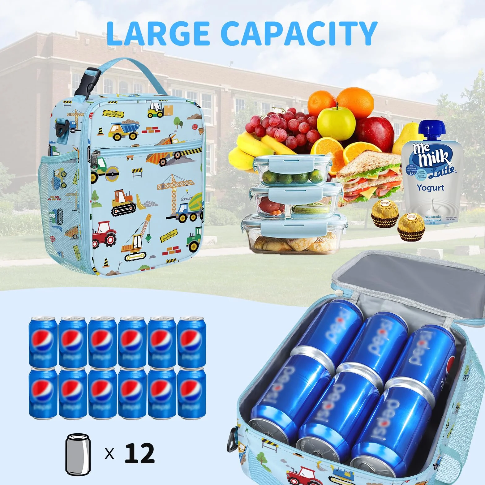 Clastyle Bolsa Termica Porta Alimentos Infantil Coche Bolsa Almuerzo Bebe Pequeña Portátil Bolsa Comida Niños para Escolar Picnic, Construcción Azul