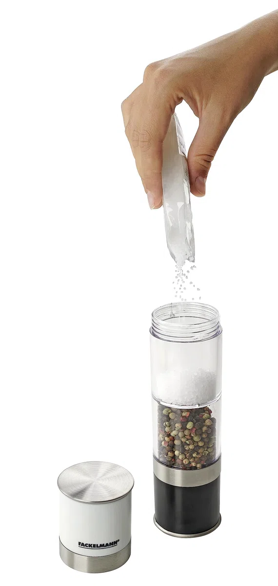 FACKELMANN Molinillo Sal y Pimienta 2 en 1 Salero, Especiero y Pimentero Molinillo Manual con Cuerpo Aclílico Transparente y Cabeza Acero inox Transparente y Acero Inox 6x6x23 cm