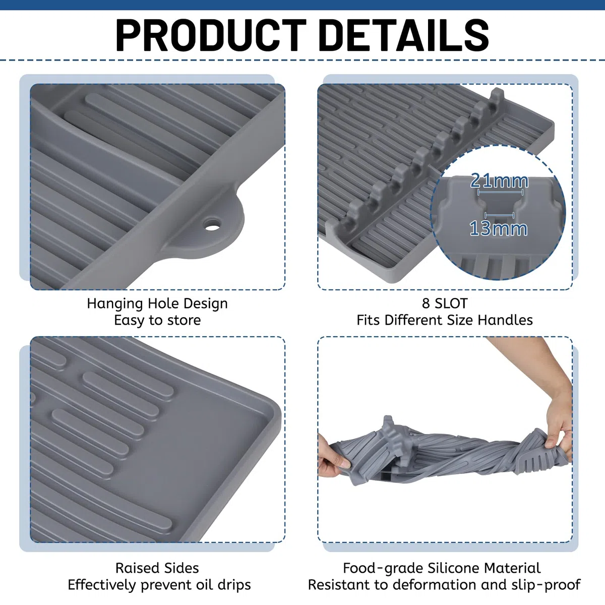 DBREAKS Estera para Barbacoa Mesas Laterales, Incluye pincel para untar y orificios para colgar, Alfombrilla de Silicona para Herramientas, Gris