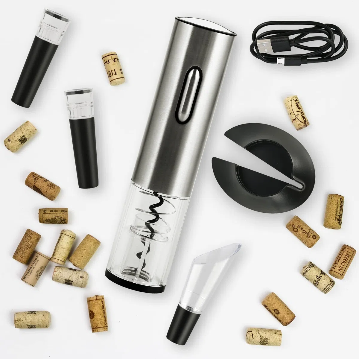 Cieex Set Sacacorchos Eléctrico Juego de Regalo con Abridor de Vino de Acero Inoxidable Cortacapsulas Botella, Vertedor de Vino, Tapón de Vino de Vacío para Amantes del Vino (Recargable)