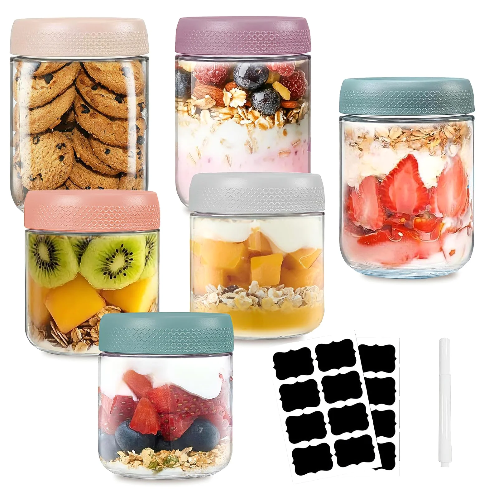 6 Pack Tarros de Avena Nocturna, Tarros de Cristal con Tapa Hermética (300ml+500ml), Mason Jars para Frigorífico, Despensa, para Overnight Oats, Yogur, Mermeladas, Ensaladas, Encurtidos