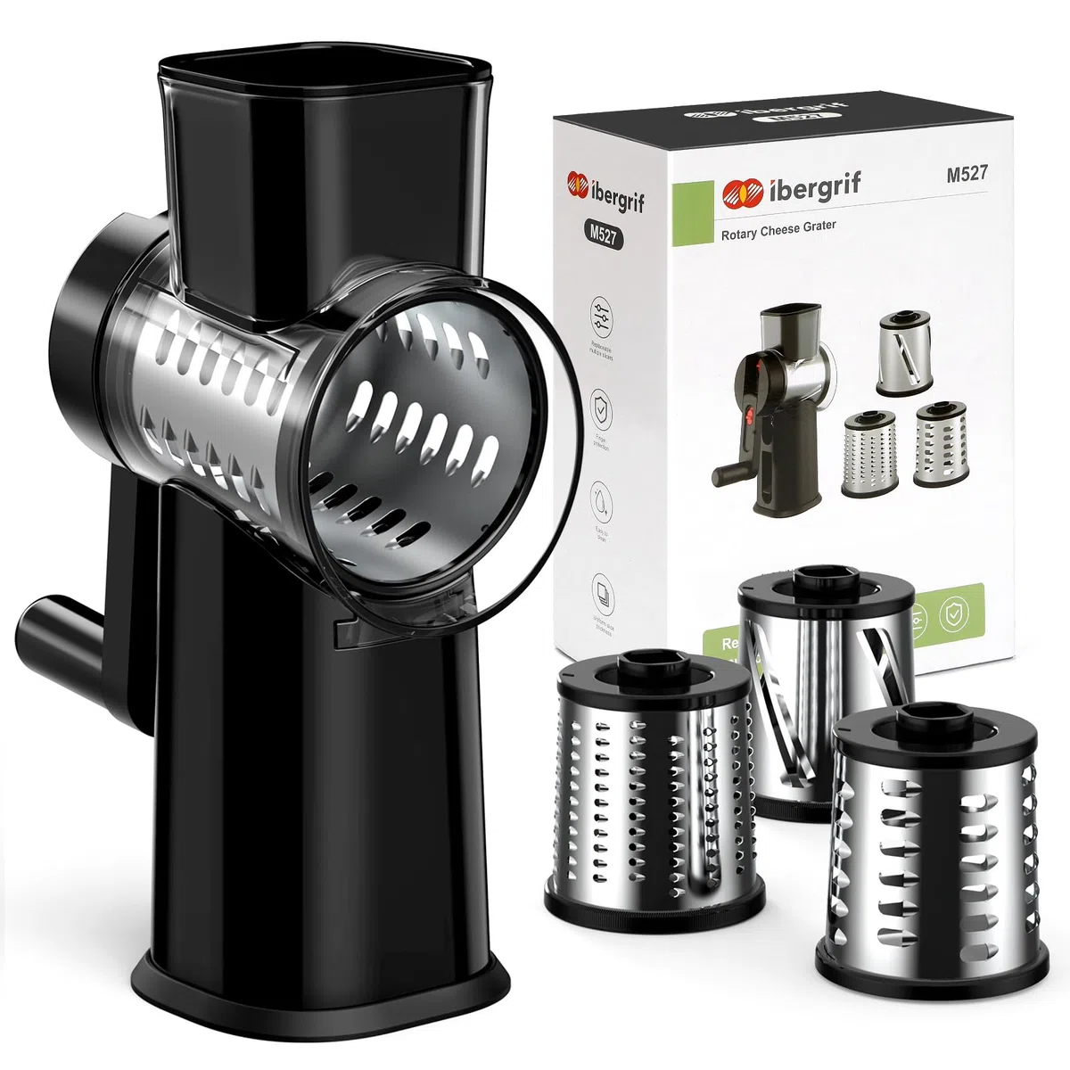 Ibergrif Rallador de Queso Manual con Manivela, Rallador Giratorio Multifunción - 3 Cuchillas de Acero Inoxidable 430 para Cortar, Rallar y Laminar, con Protector de Dedos y Base con Ventosa