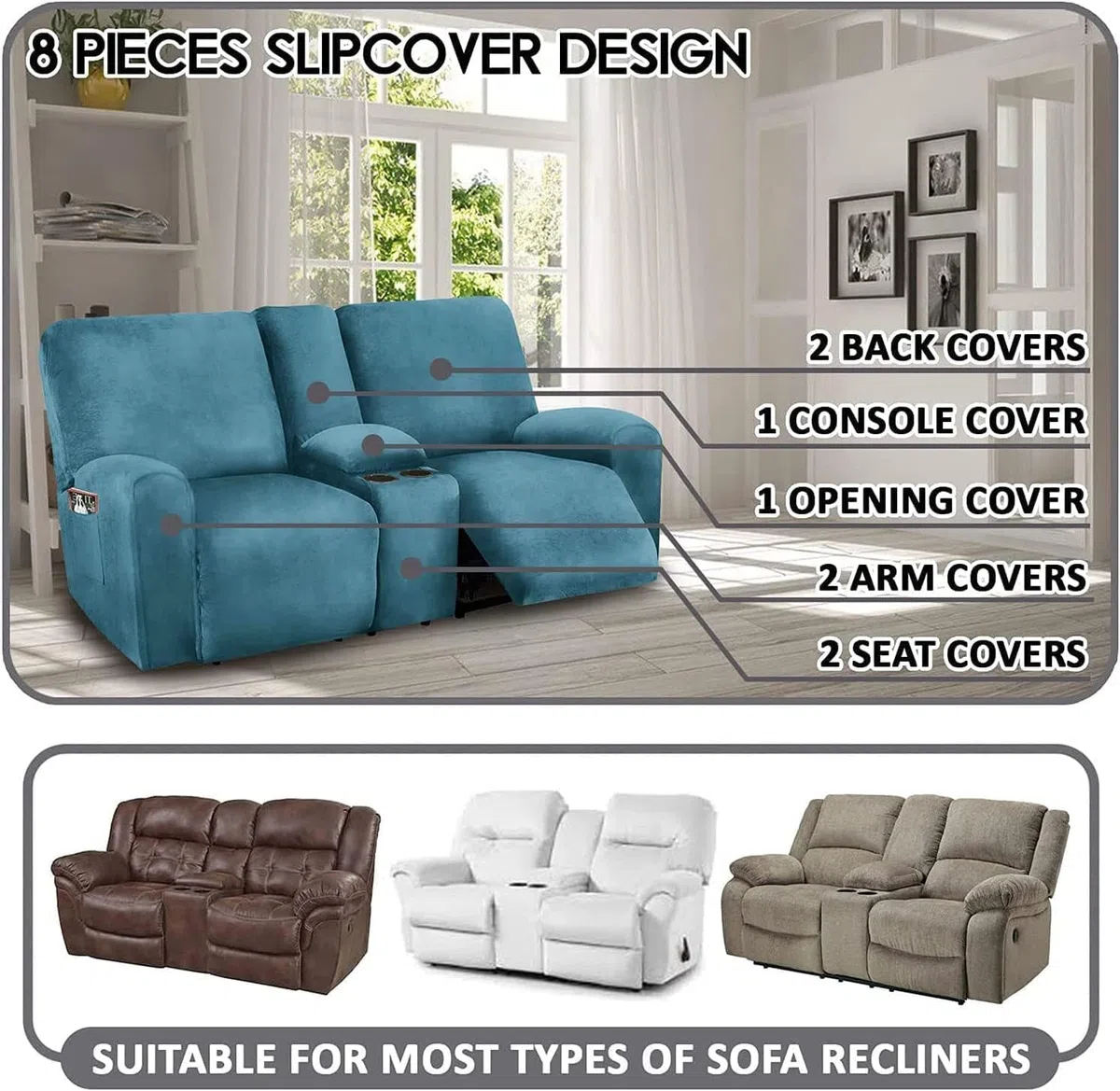 Fundas reclinables de Terciopelo elástico, Fundas Suaves para sofá reclinable con Consola Central, Funda Antideslizante para sofá reclinable de 2 plazas, Azul Pavo Real