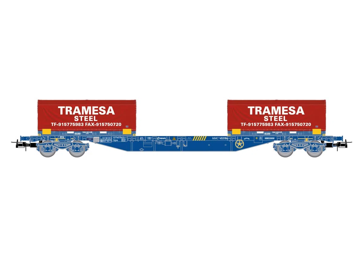 Electrotren HE6064 RENFE, MMC3 - Vagón Plano con 2 contenedores de Bobina de 20 pies TRAMESA, librea Azul, EP. Vi Escala 1:87 HO Gauge