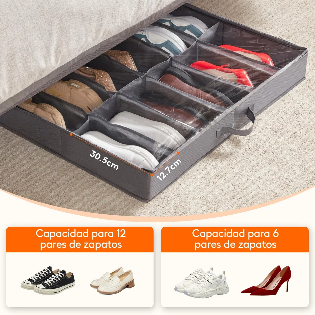 Lifewit Bolsas de Almacenamiento para Zapatos con Ventana Transparente, Cajas Almacenaje Zapatos Plegables Debajo de la Cama con Asas, Organizador Zapatos, Gris, 1 x 12 + 4 Pares