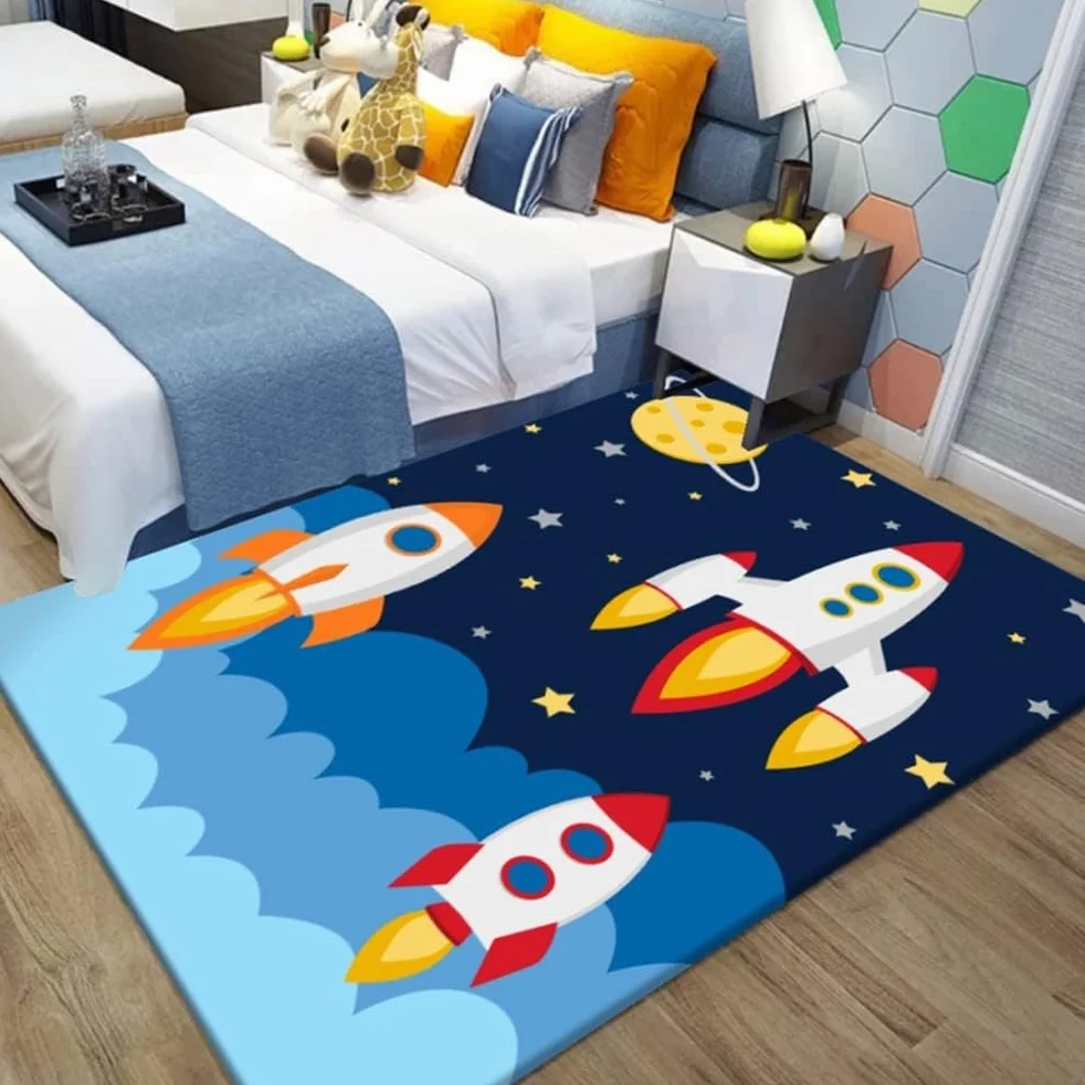Children's Universe Planet Astronaut Living Room Mat Non-Slip Azul y Negro Carpets Children's Mat Lavable (A, 80 x 160 cm)