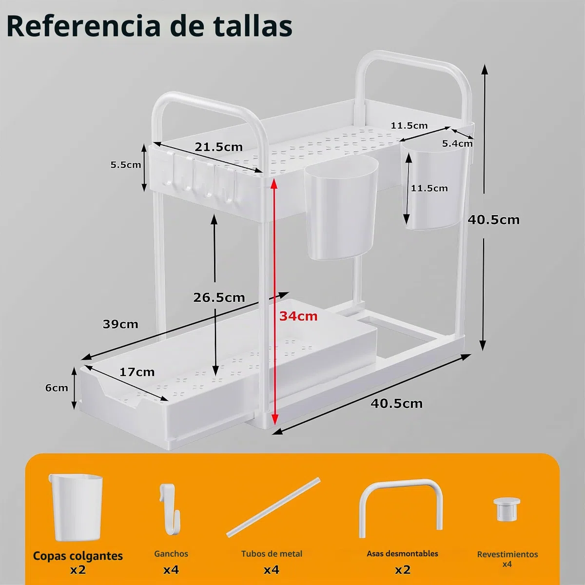 Organizador Cocina 2 Niveles, Deslizable bajo Fregadero, Extraíble Estante Almacenamiento Debajo con 8 Ganchos y 4 Cesta Colgante para Cajones, Baño Blanco-1 Paquete