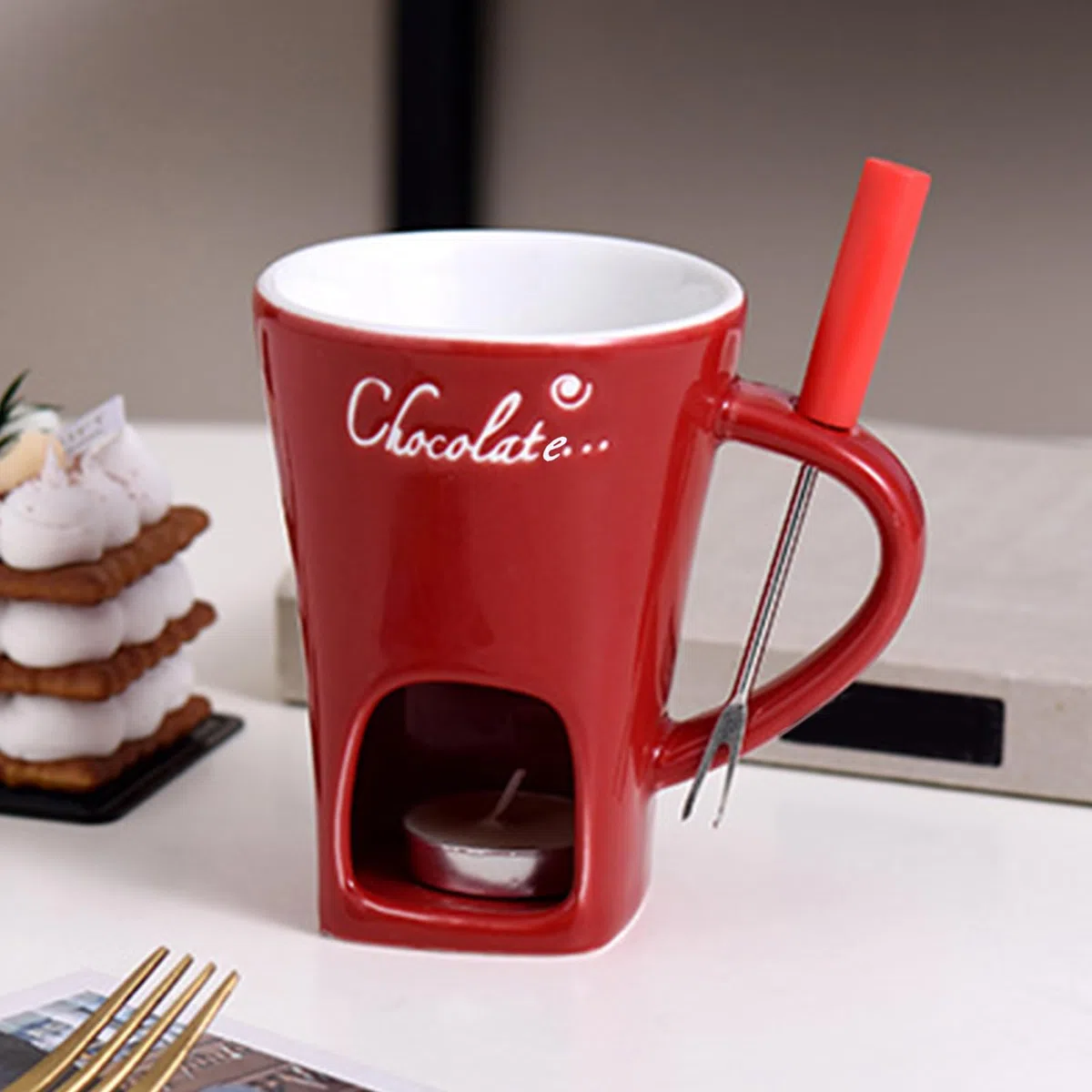 Genérico Taza De Fondue De Chocolate | Copa De Fusión De Chocolate De 200 Ml | Chocolates De Cerámica Fondue Set con Horquilla Y Vela | Copas De Fusión A Fuego Lento para Chocolates Queso Y Postres