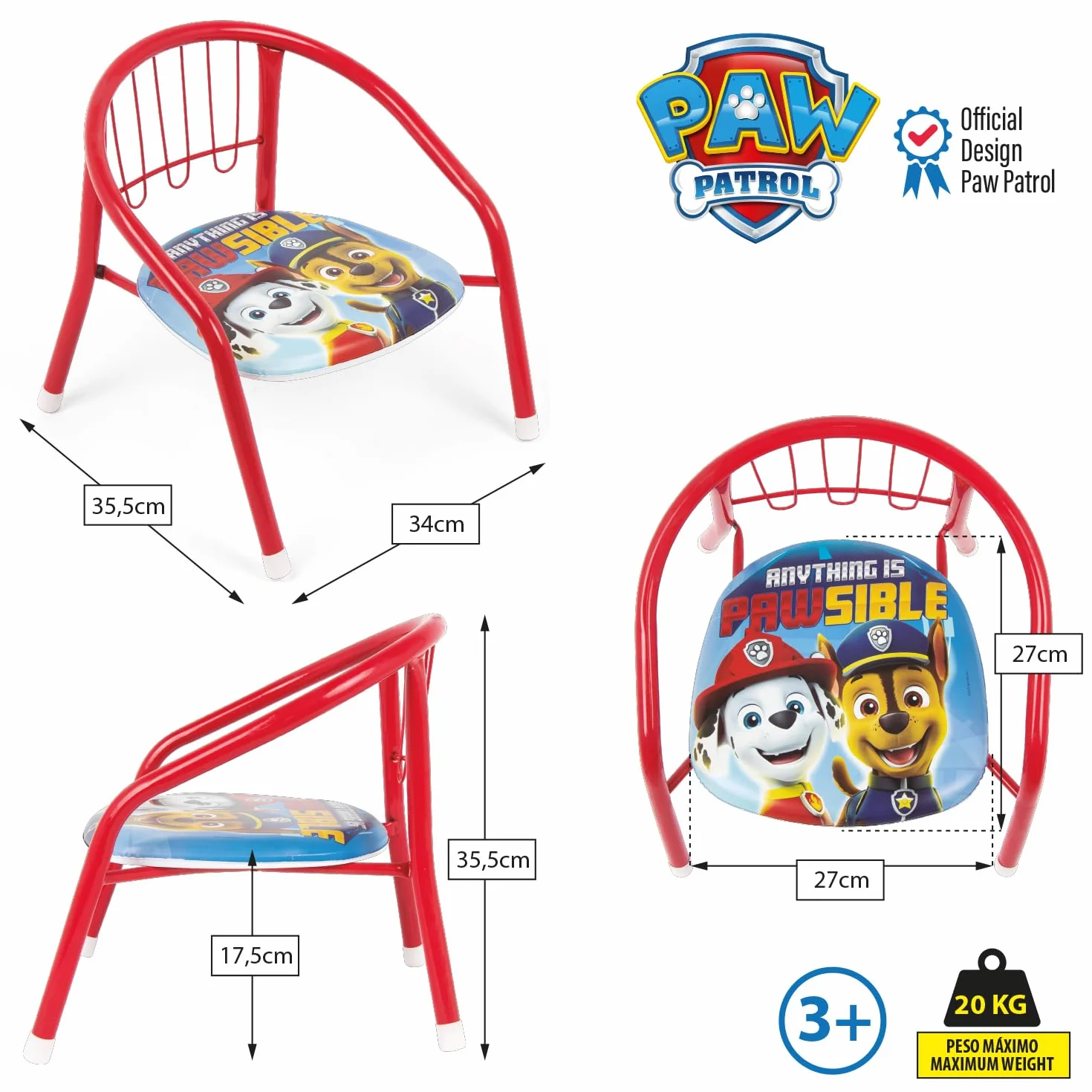 ARDITEX Silla Infantil Patrulla Canina, Silla Metal 35,5 x 30 x 33,5 cm Roja