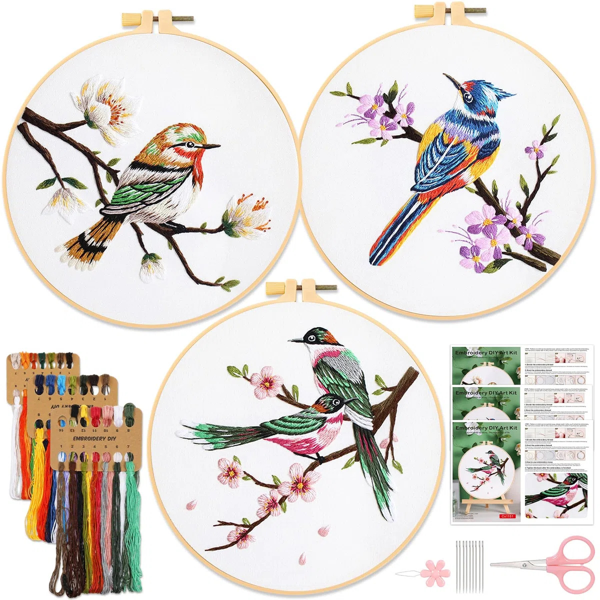 JSRQT 3 Piezas Kit Bordado Embroidery Kit Pájaros Floral Plantas Kit de Bordado Principiantes Punto de Cruz Completo Bordadora Aguja Magica de Bordar Manualidades Adultos para Adulto Principiantes