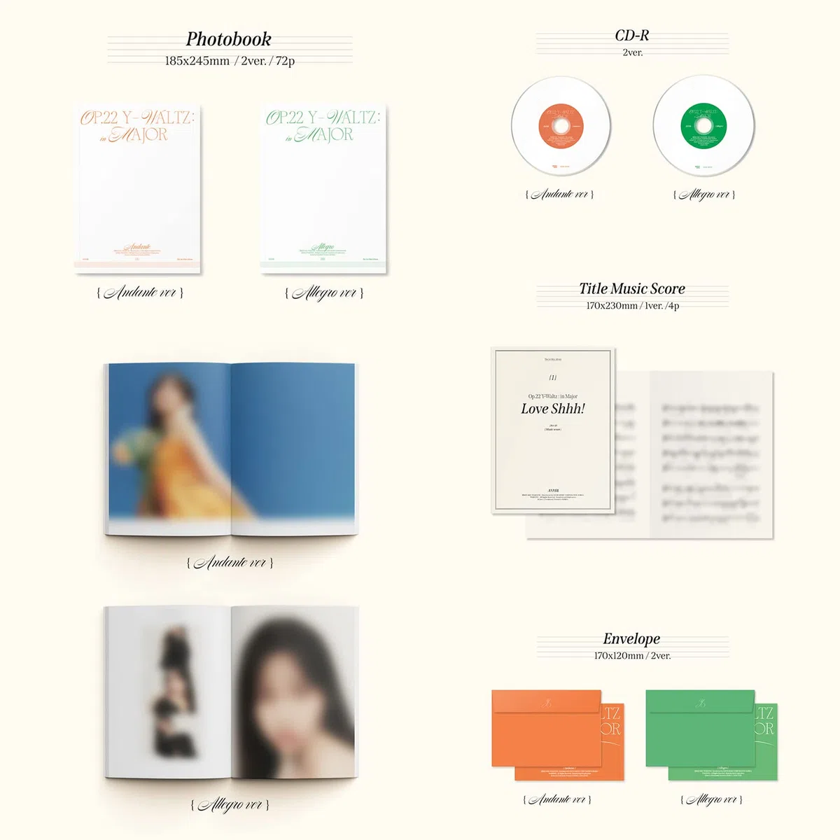JO YURI - 1st Mini Album [Op.22 Y-Waltz : in Major] (Andante Ver.) Package + Photobook + CD-R + Title Music Score + Envelope + Postcard + Sticker + Photocard + Message Card + Photo Bookmark